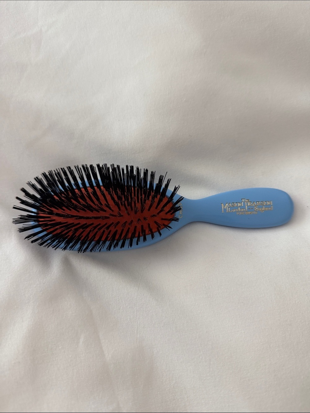 Pearson Light Blue Paddle Brush with Black Bristles and Red Cushion